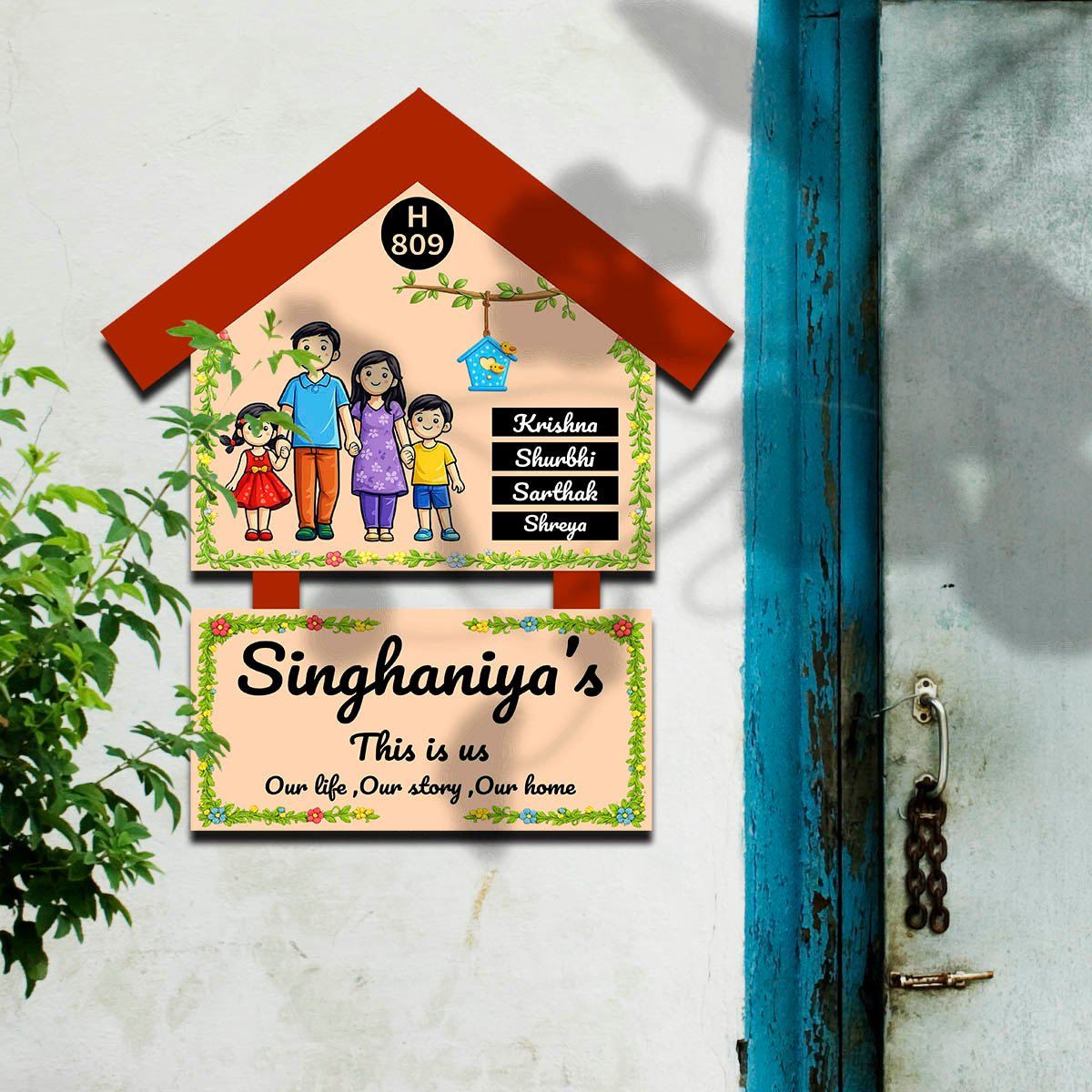 Family Name Plate Design – Cartoon Family with Birdhouse - Sblossom