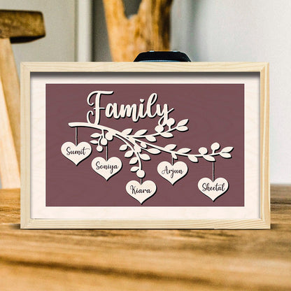 Family Tree Name Frame in Wood with Personalized Heart Name Tags - Sblossom