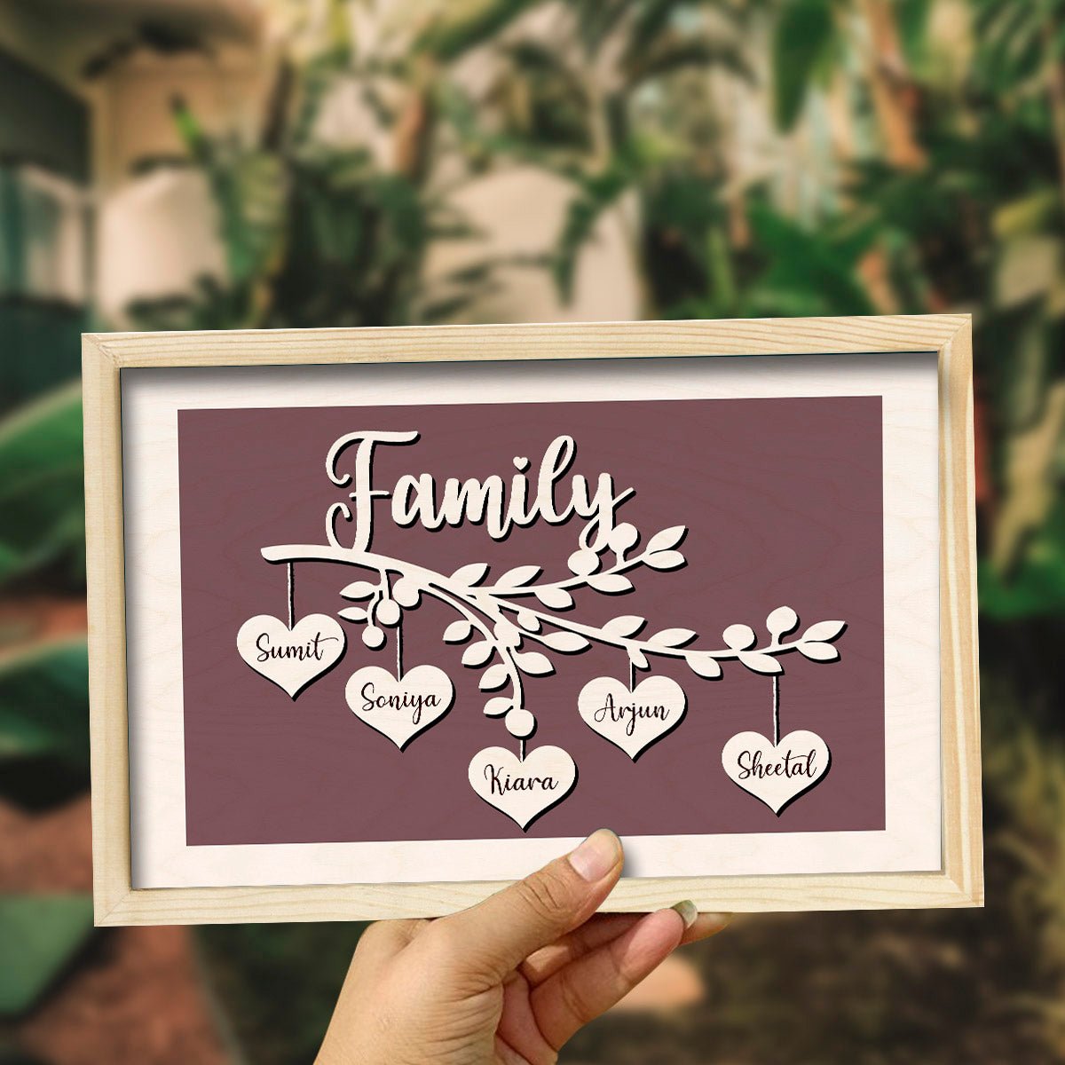 Family Tree Name Frame in Wood with Personalized Heart Name Tags - Sblossom