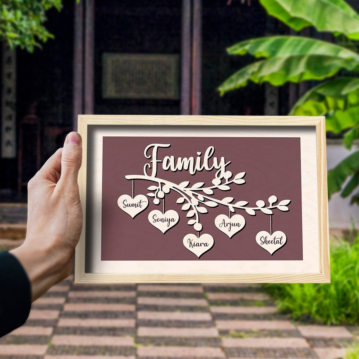 Family Tree Name Frame in Wood with Personalized Heart Name Tags - Sblossom