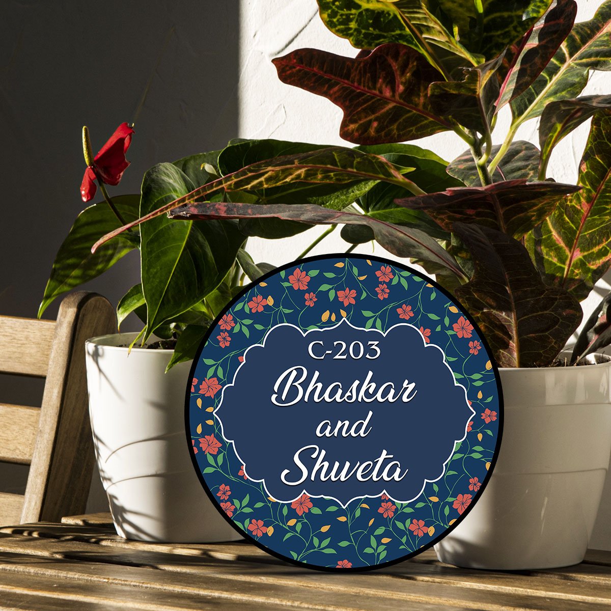 Floral Circular Name Plate – Blue Couple Design in 3D - Sblossom