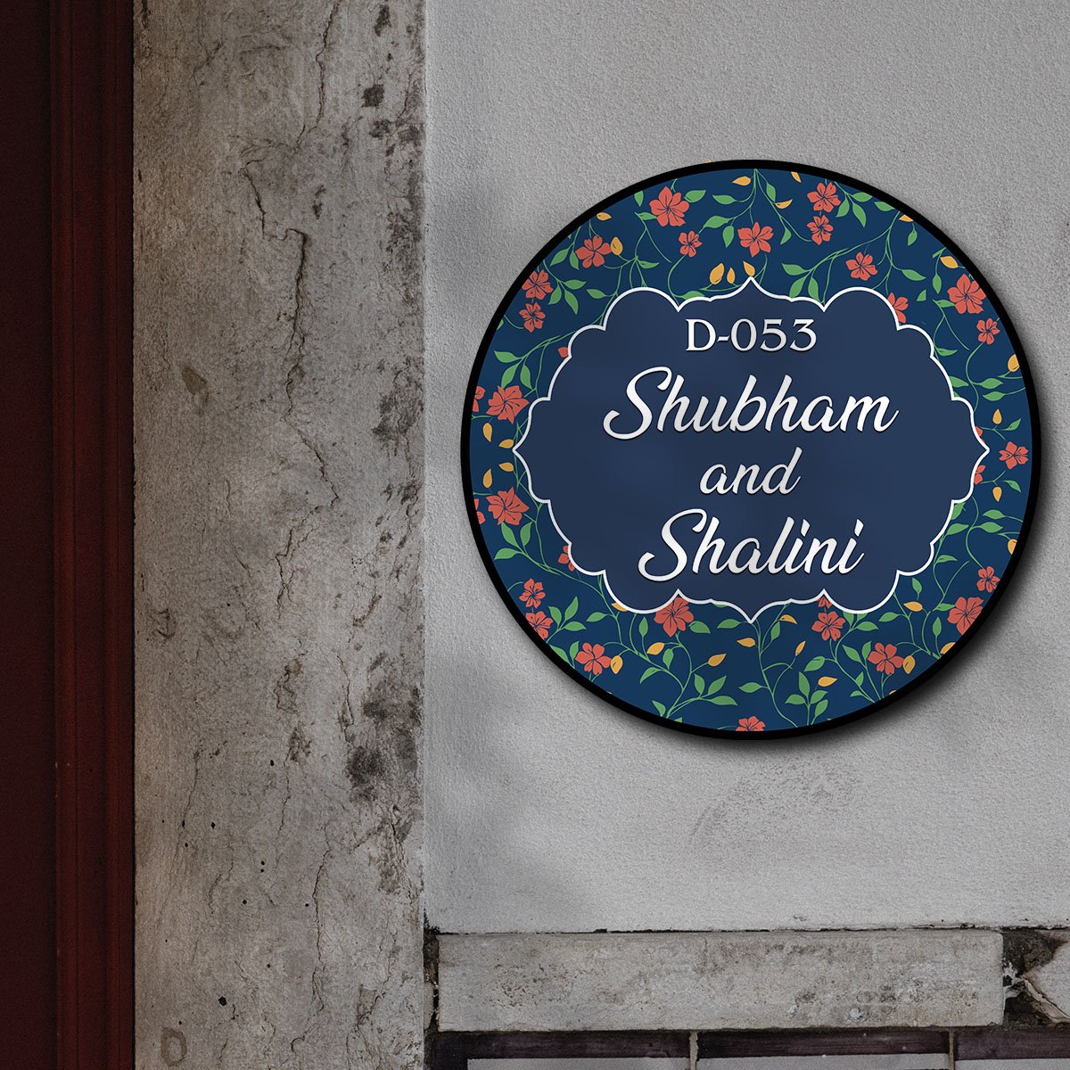 Floral Circular Name Plate – Blue Couple Design in 3D - Sblossom