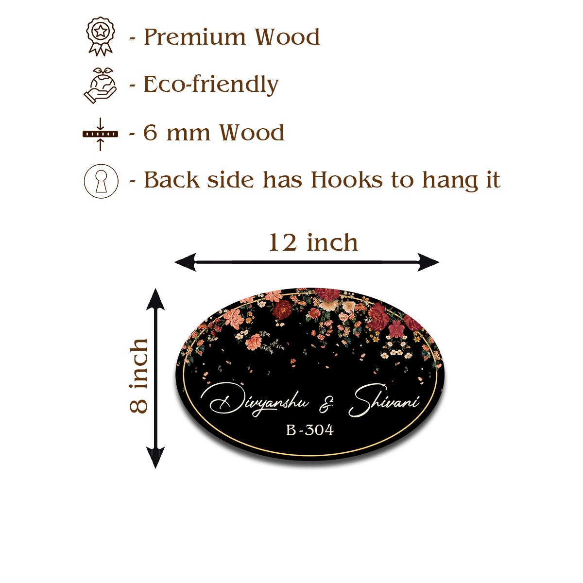 Floral Couple Name Plate – Cascading Blooms on Black Oval - Sblossom