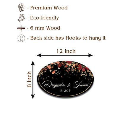 Floral Couple Name Plate – Cascading Blooms on Black Oval - Sblossom
