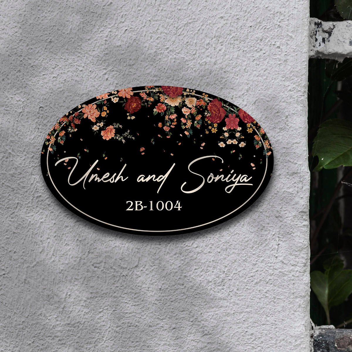 Floral Couple Name Plate – Cascading Blooms on Black Oval - Sblossom