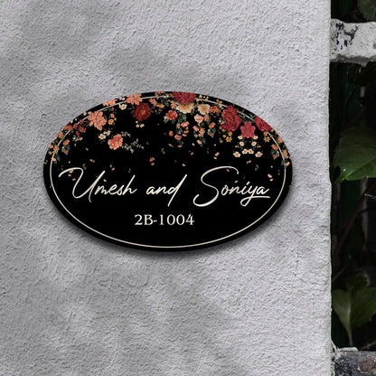 Floral Couple Name Plate – Cascading Blooms on Black Oval - Sblossom