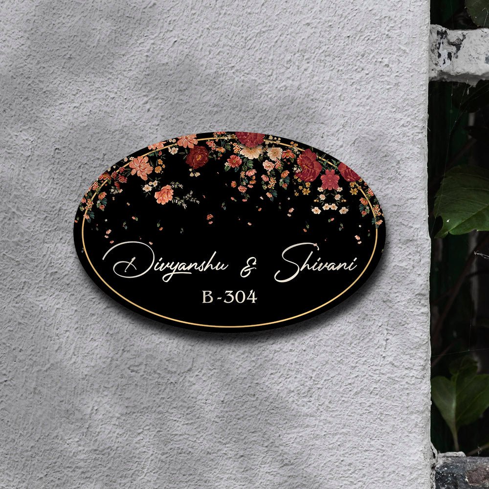 Floral Couple Name Plate – Cascading Blooms on Black Oval - Sblossom