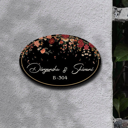 Floral Couple Name Plate – Cascading Blooms on Black Oval - Sblossom