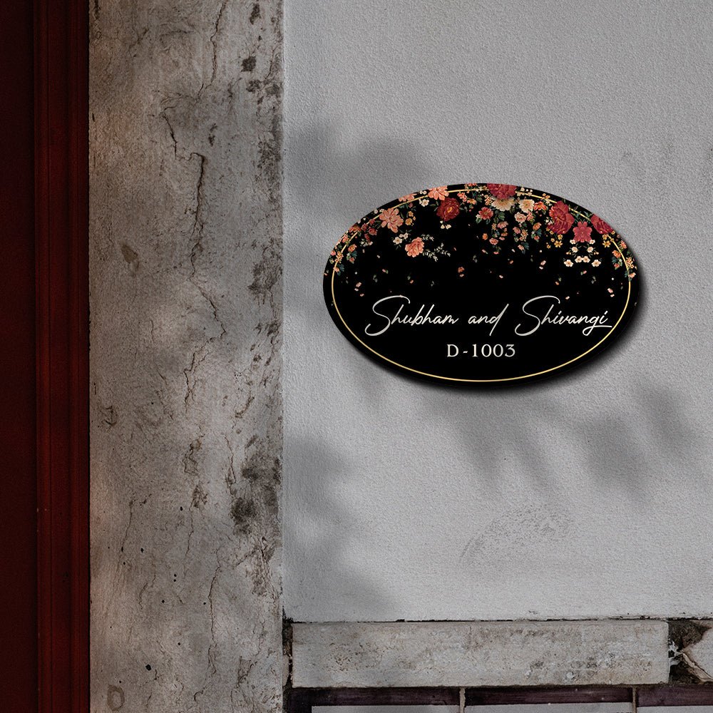 Floral Couple Name Plate – Cascading Blooms on Black Oval - Sblossom