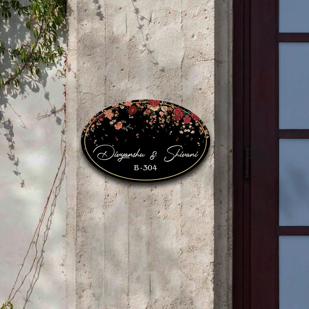 Floral Couple Name Plate – Cascading Blooms on Black Oval - Sblossom