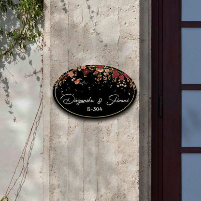 Floral Couple Name Plate – Cascading Blooms on Black Oval - Sblossom