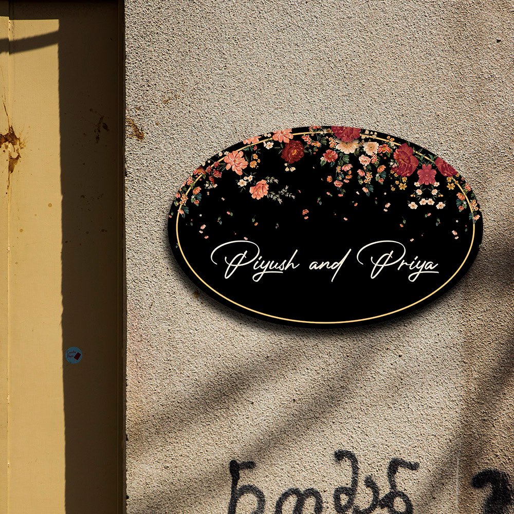 Floral Couple Name Plate – Cascading Blooms on Black Oval - Sblossom