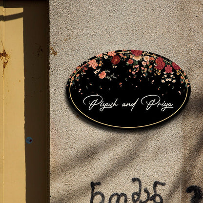 Floral Couple Name Plate – Cascading Blooms on Black Oval - Sblossom