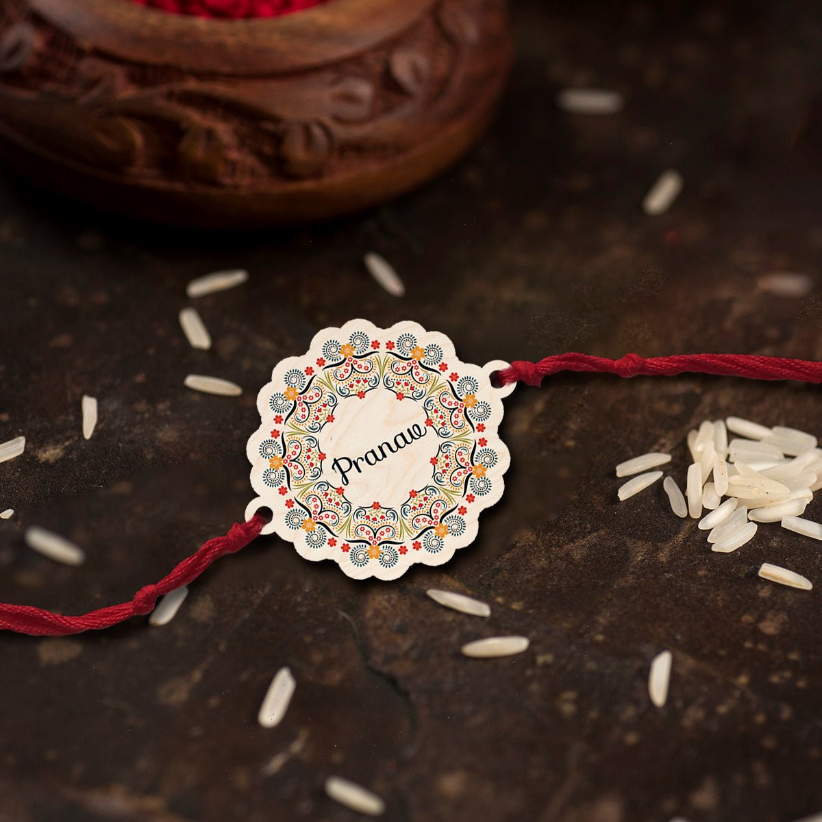 Floral Designer Rakhi – Wooden Custom Name for Brother - Sblossom