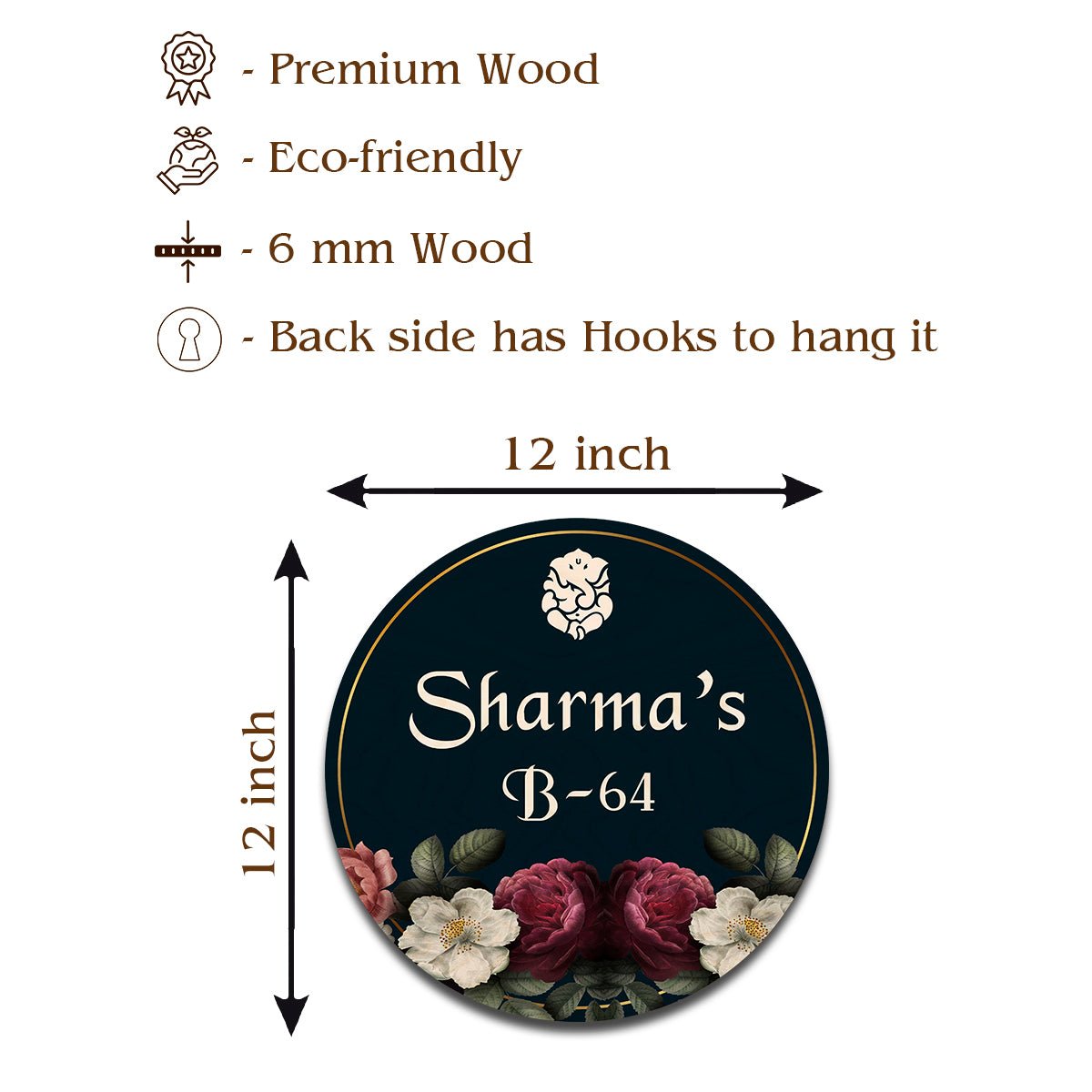 Floral Ganesh Name Plate – Teal Round with Roses - Sblossom