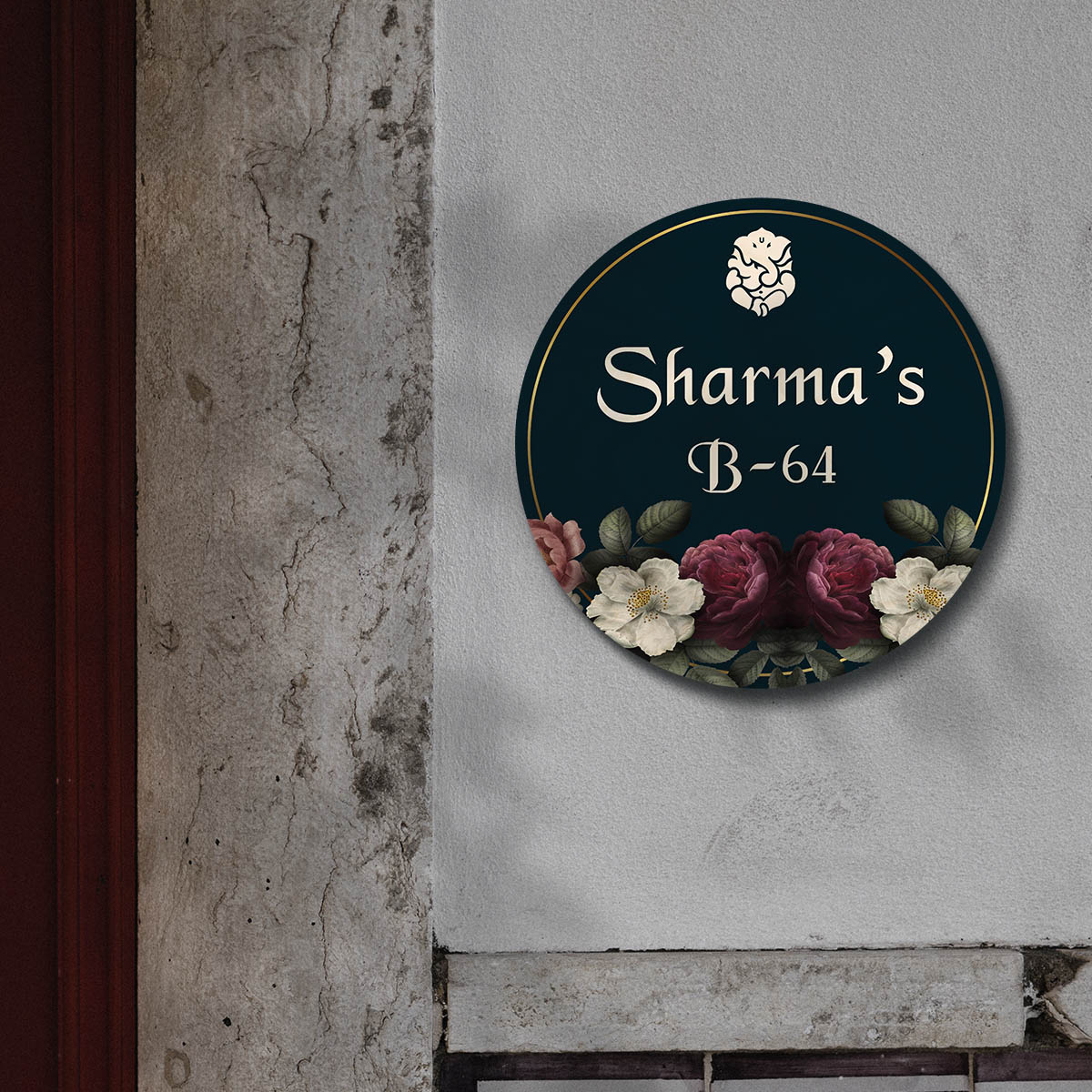 Floral Ganesh Name Plate – Teal Round with Roses - Sblossom