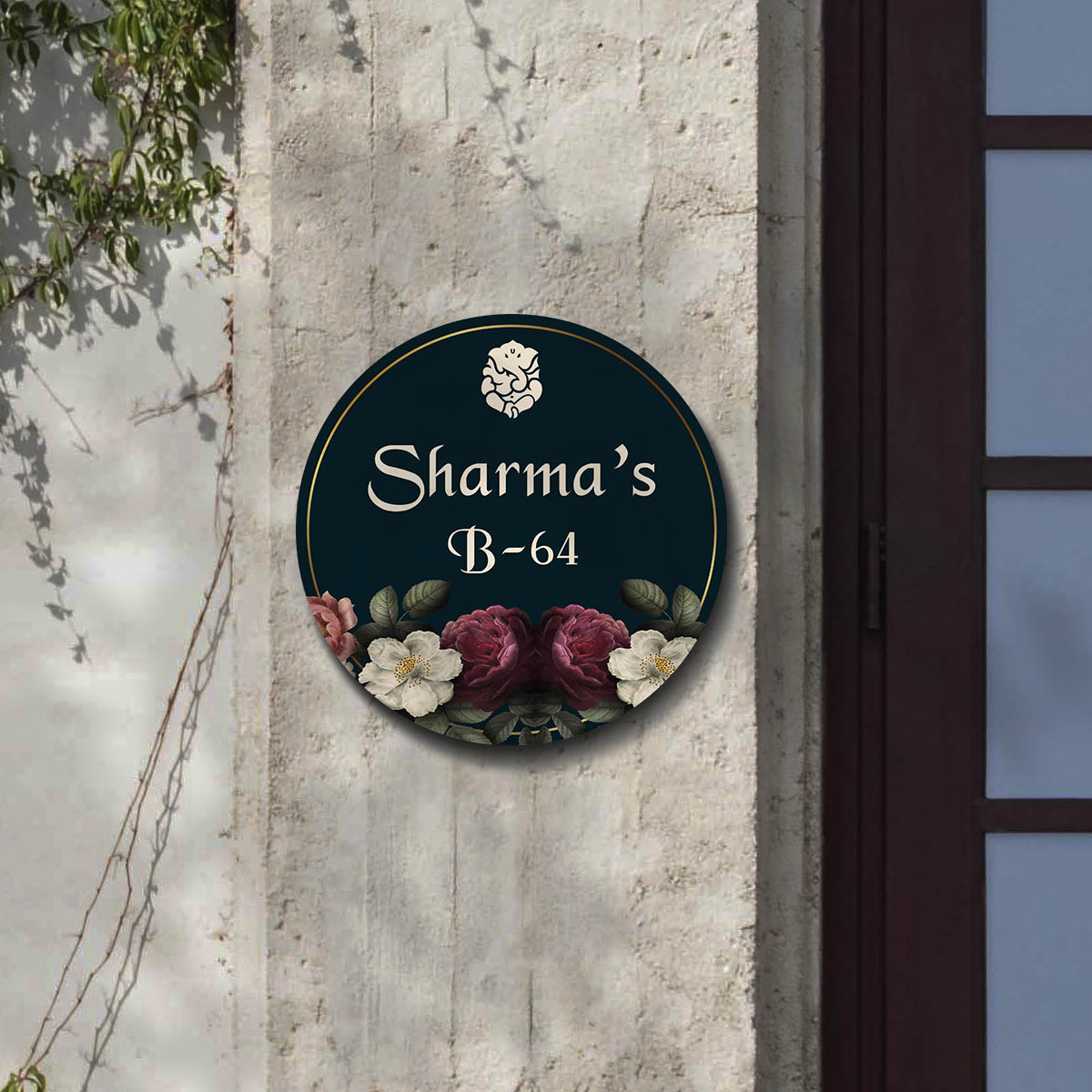 Floral Ganesh Name Plate – Teal Round with Roses - Sblossom