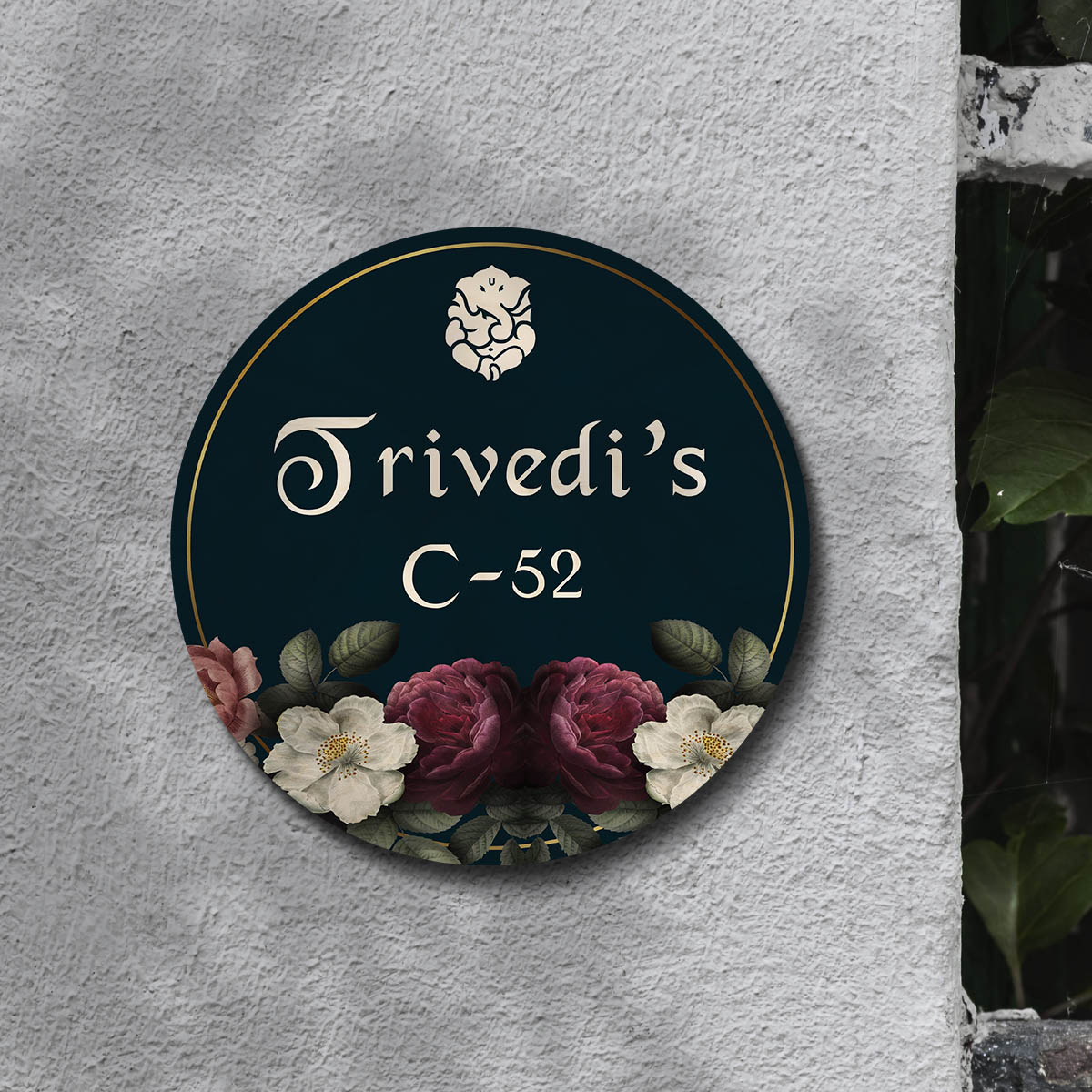 Floral Ganesh Name Plate – Teal Round with Roses - Sblossom