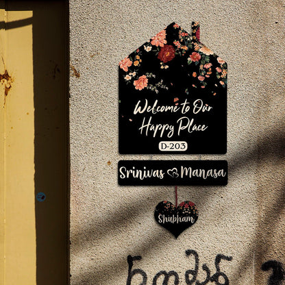 Floral Hut Name Board – Black Silhouette for House - Sblossom