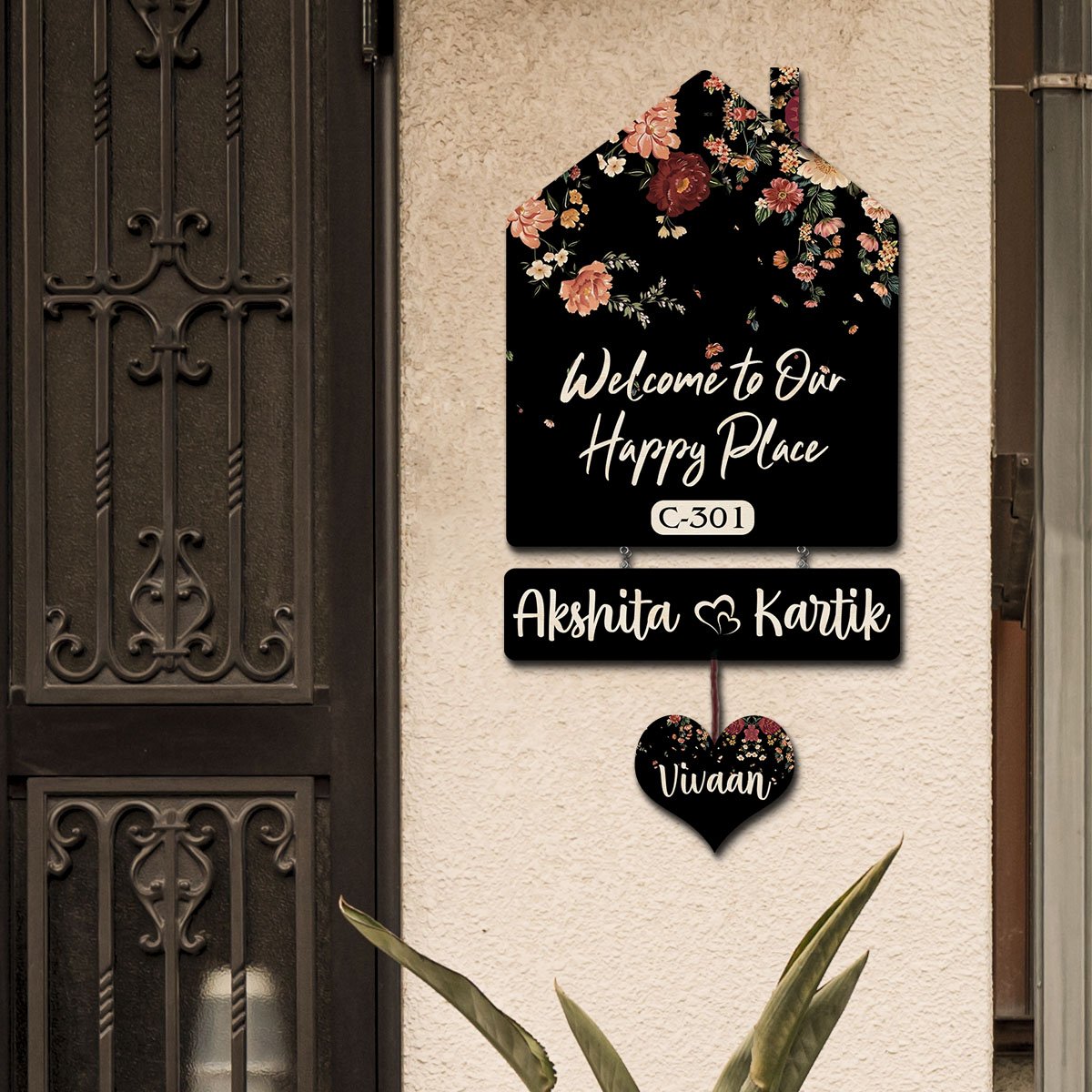 Floral Hut Name Board – Black Silhouette for House - Sblossom
