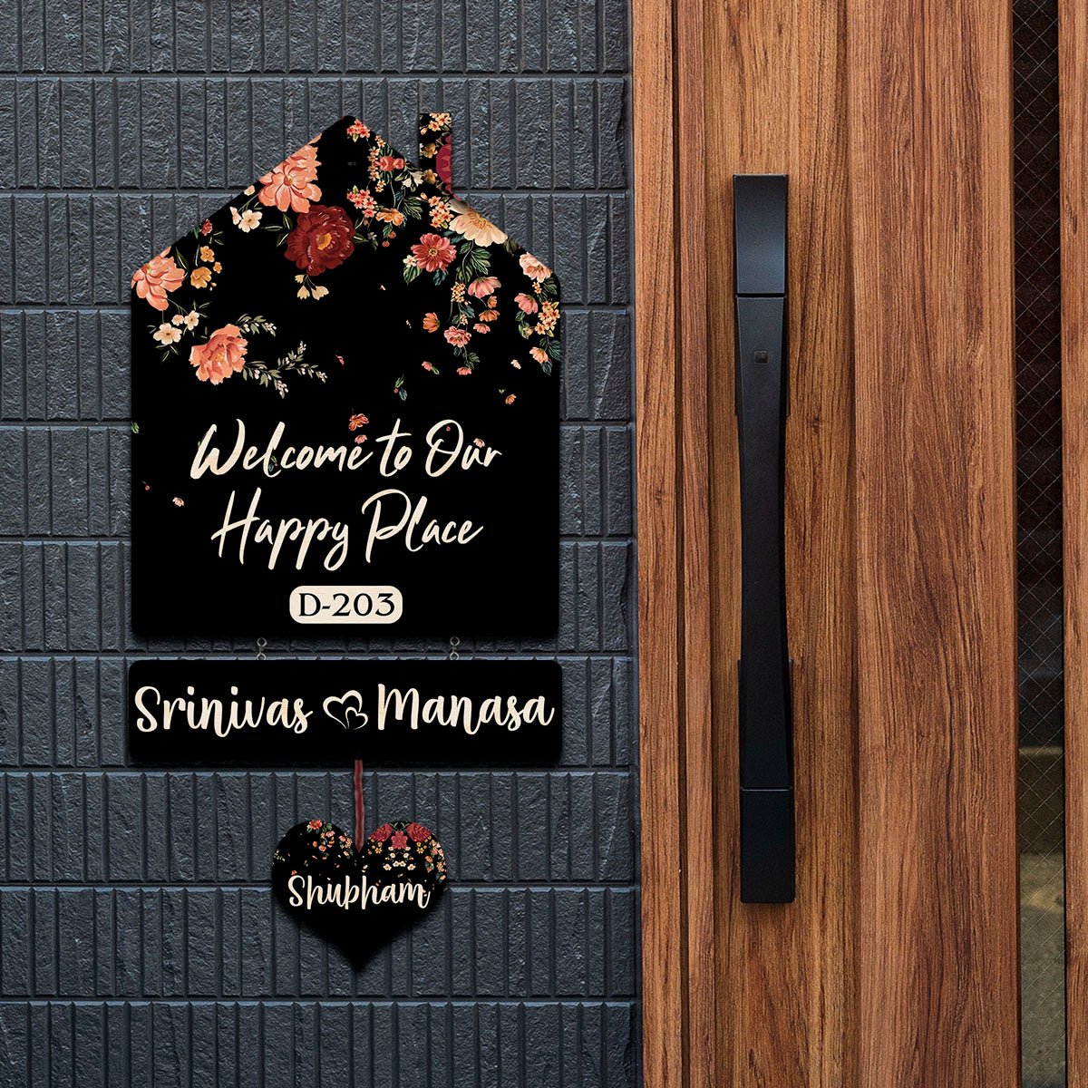 Floral Hut Name Board – Black Silhouette for House - Sblossom