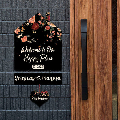 Floral Hut Name Board – Black Silhouette for House - Sblossom