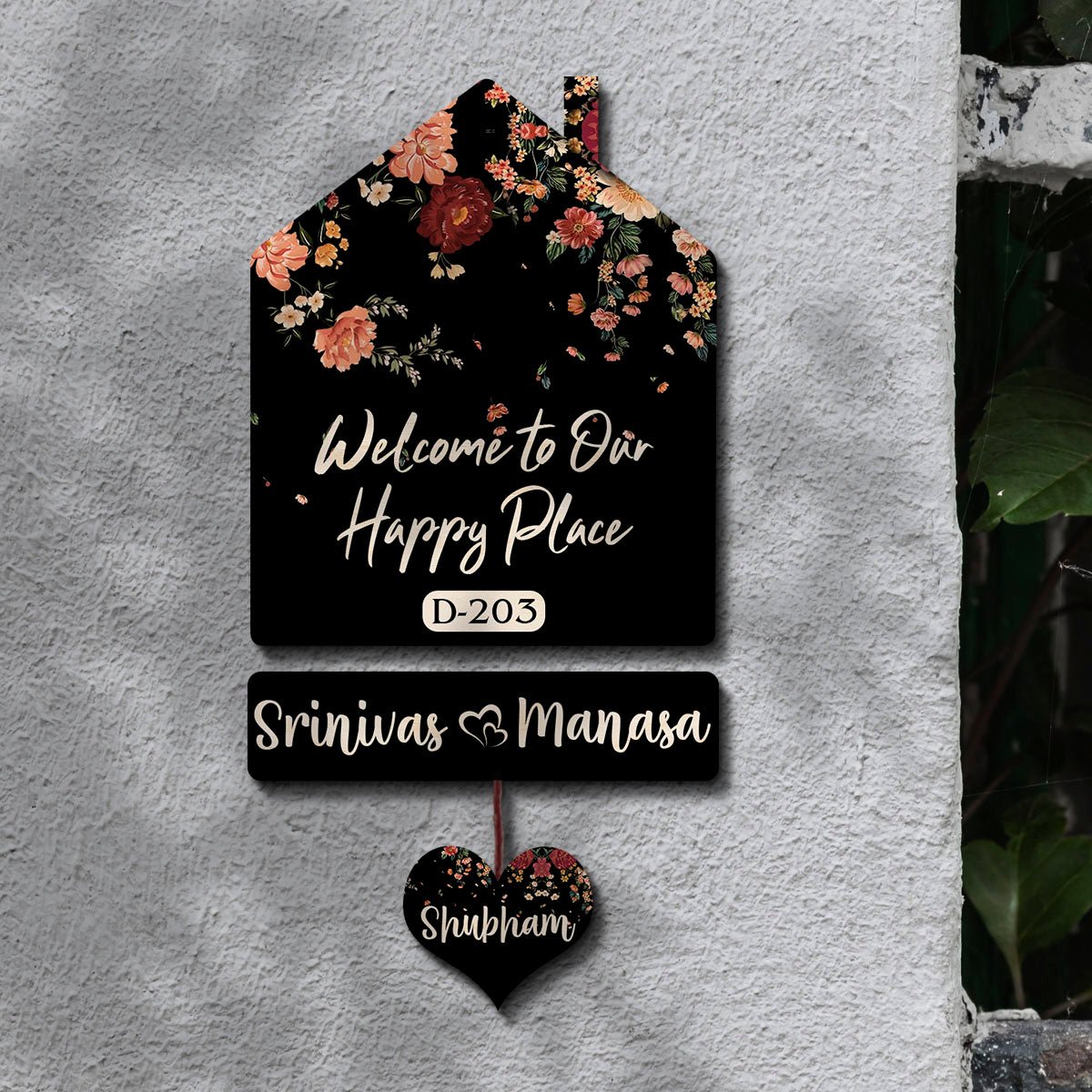 Floral Hut Name Board – Black Silhouette for House - Sblossom