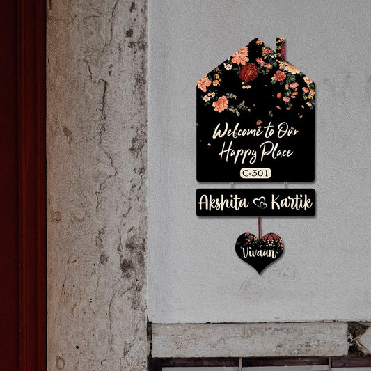 Floral Hut Name Board – Black Silhouette for House - Sblossom