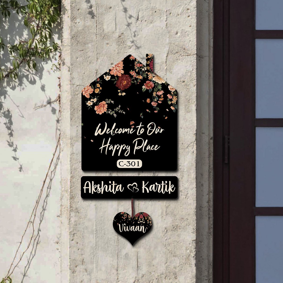 Floral Hut Name Board – Black Silhouette for House - Sblossom