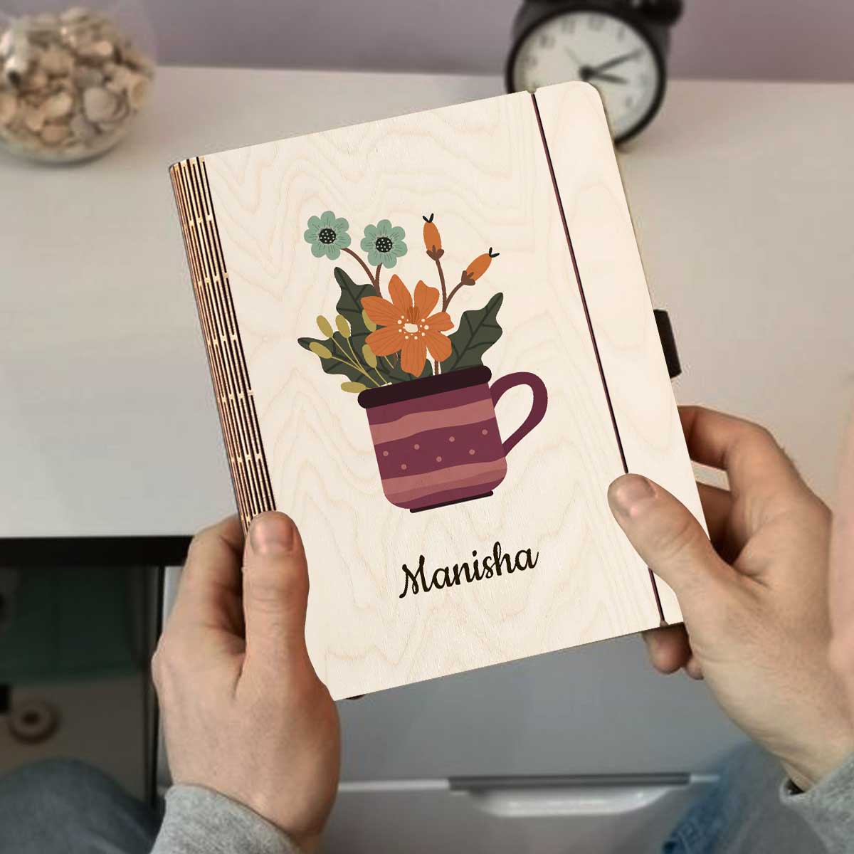 Floral Notebook Gift for Her – Personalized Wooden Cover - Sblossom