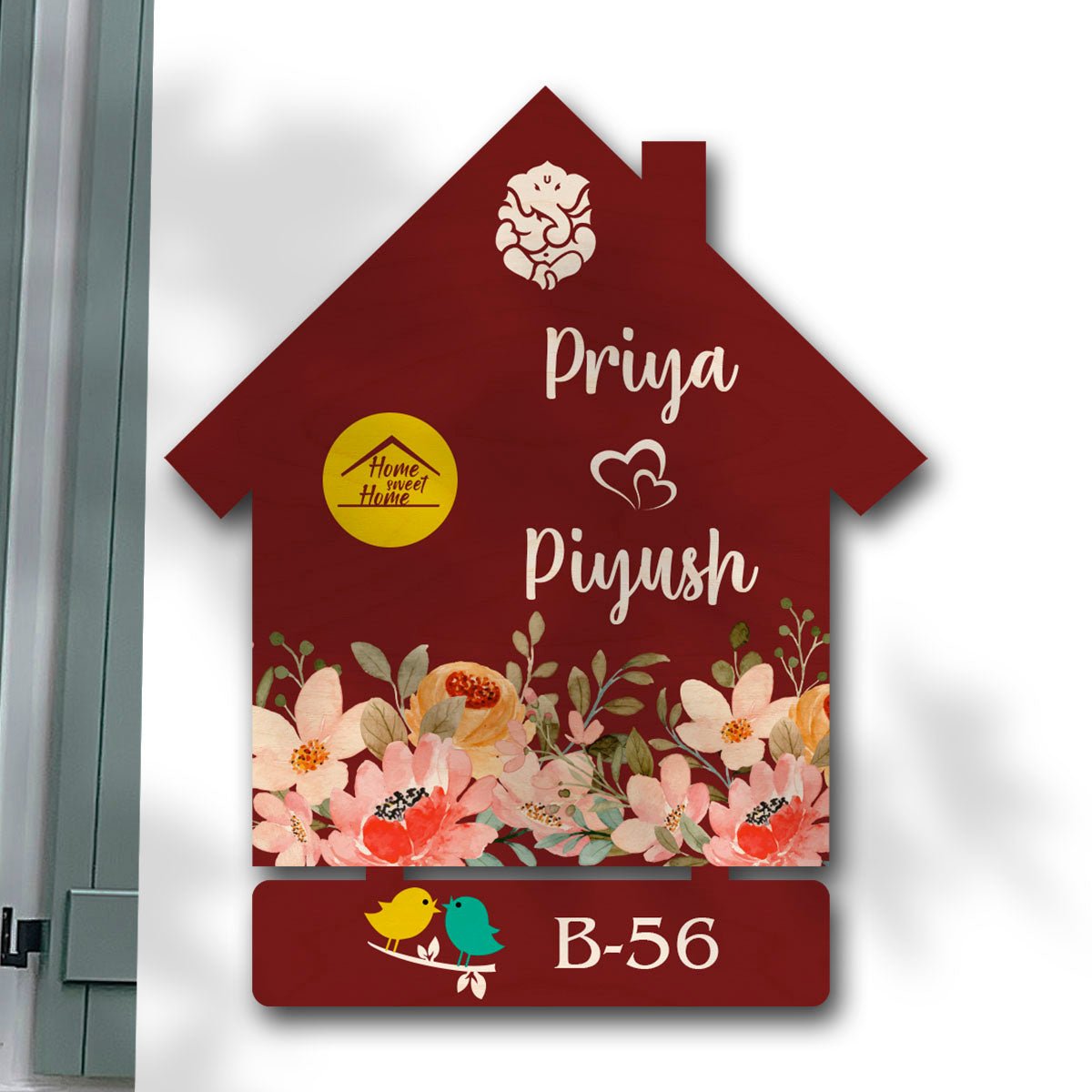 Flower Name Plate Design – Maroon House with Ganesha - Sblossom