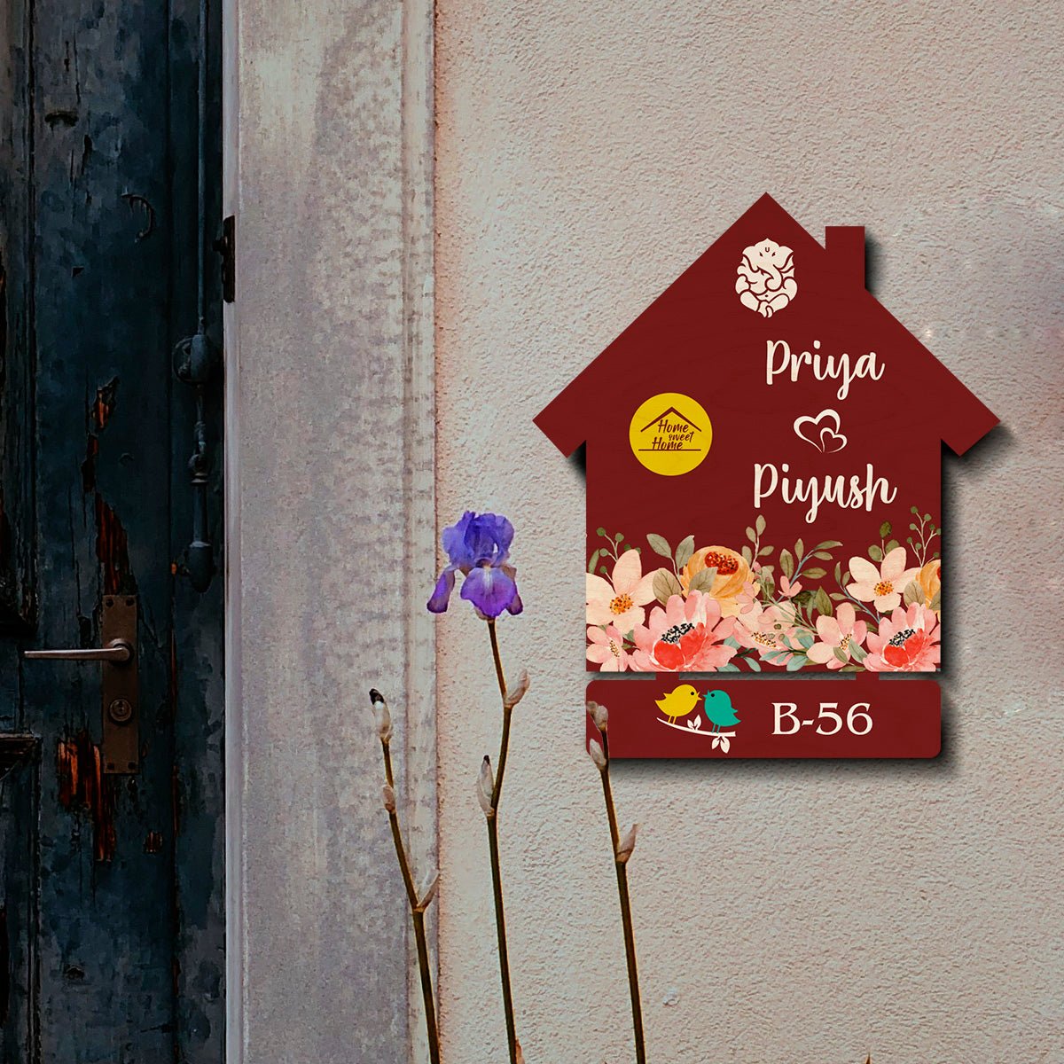 Flower Name Plate Design – Maroon House with Ganesha - Sblossom