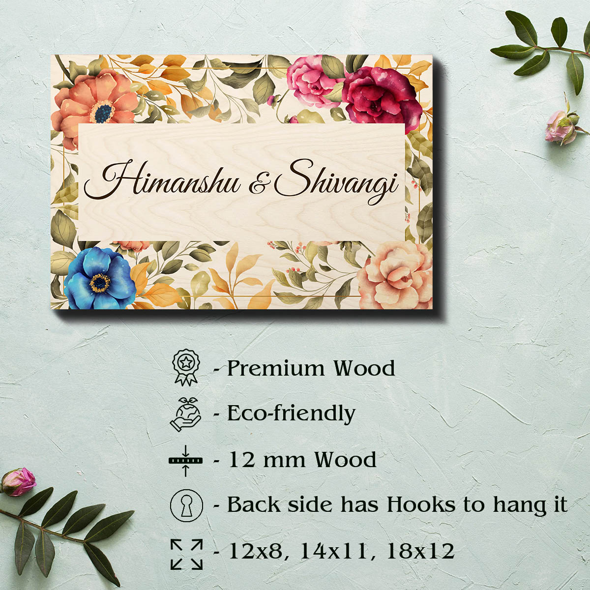 Flower Pattern Couple Name Plate – Painted Border - Sblossom