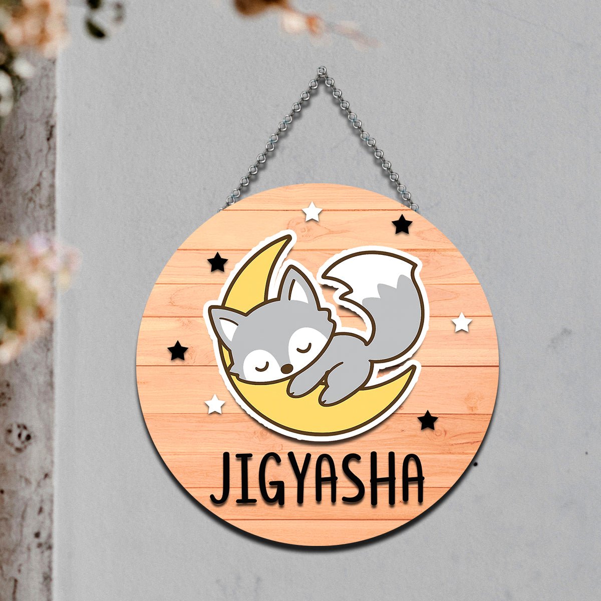 Fox Moon Name Plate for Kids – Sleepy Fox Round in 3D - Sblossom
