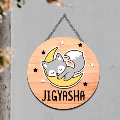 Fox Moon Name Plate for Kids – Sleepy Fox Round in 3D - Sblossom