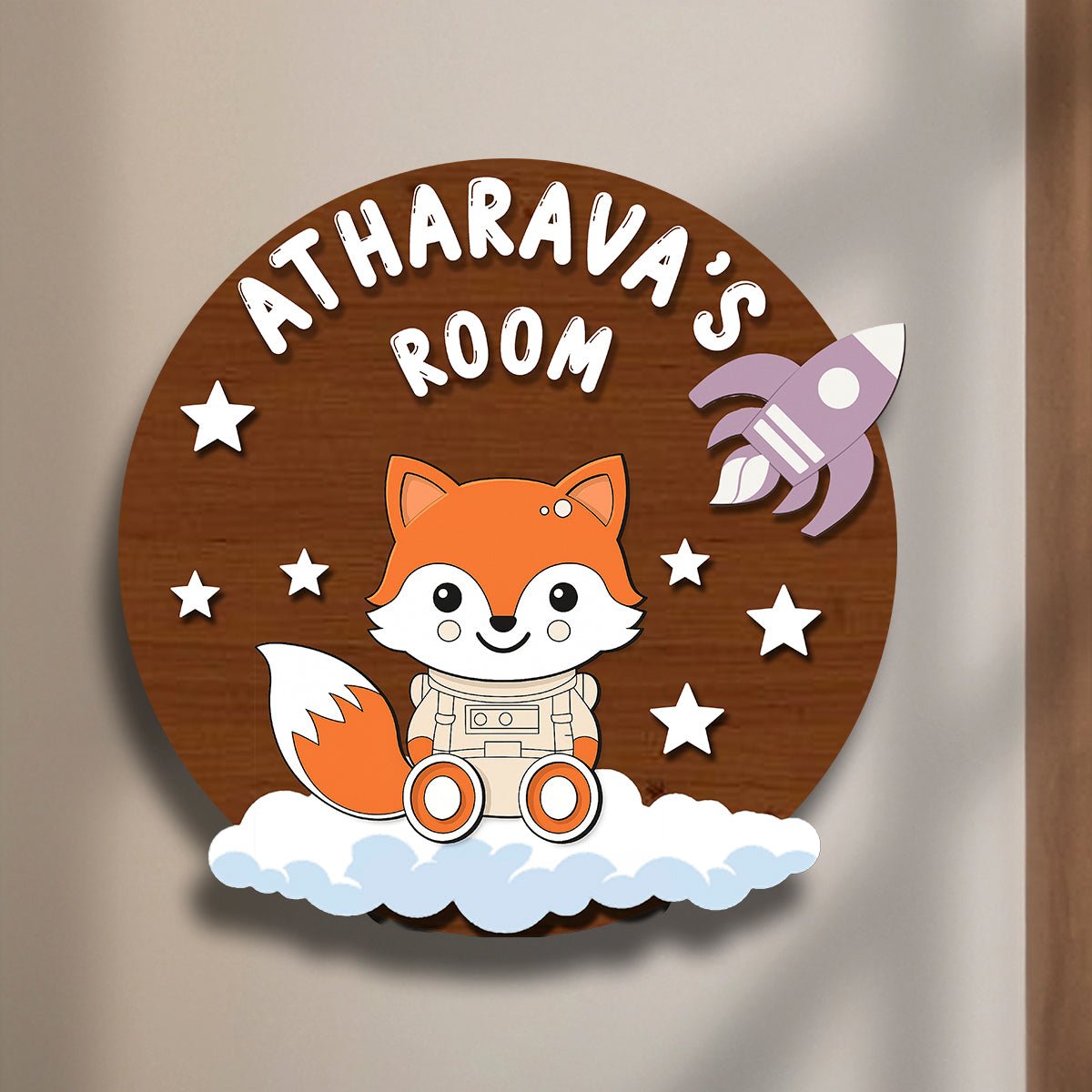 Fox Name Plate for Kids – Astronaut Fox Round in 3D - Sblossom