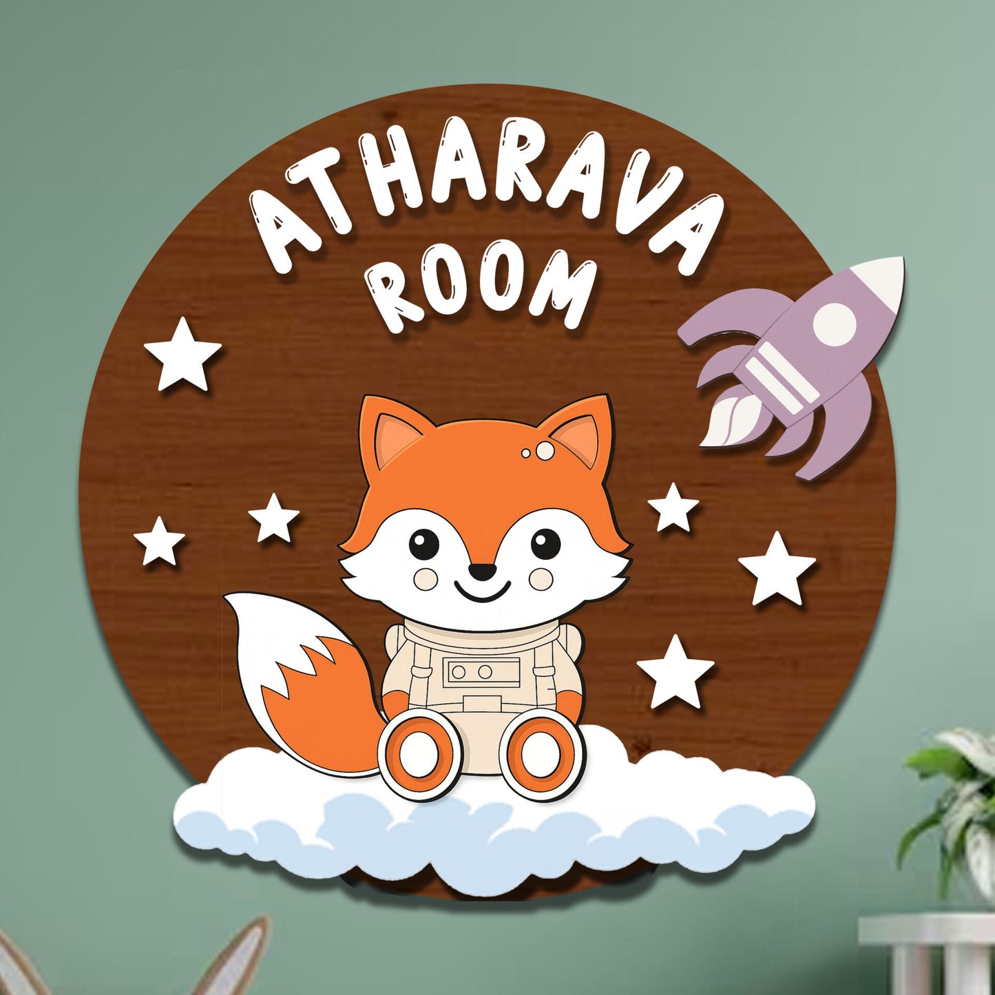 Fox Name Plate for Kids – Astronaut Fox Round in 3D - Sblossom