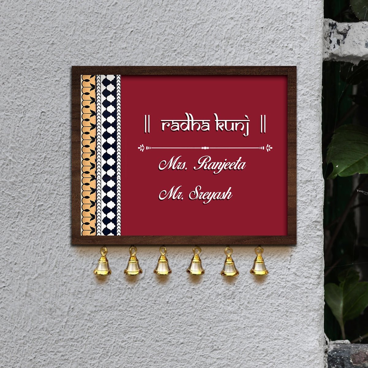 Front Gate Name Plate Design – Red Panel with Bells 3D - Sblossom