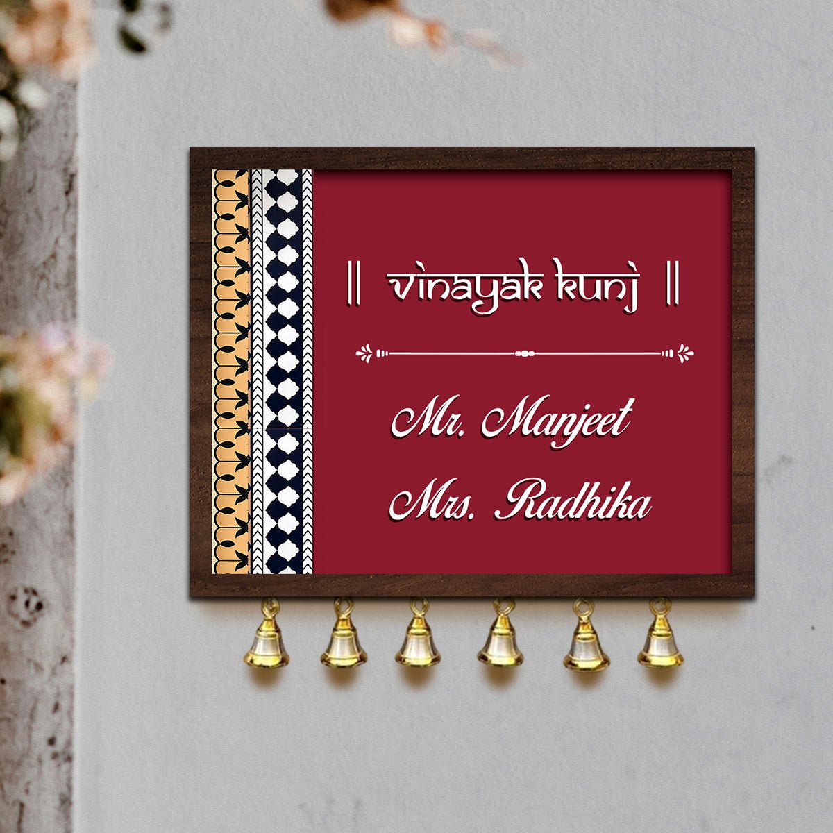 Front Gate Name Plate Design – Red Panel with Bells 3D - Sblossom
