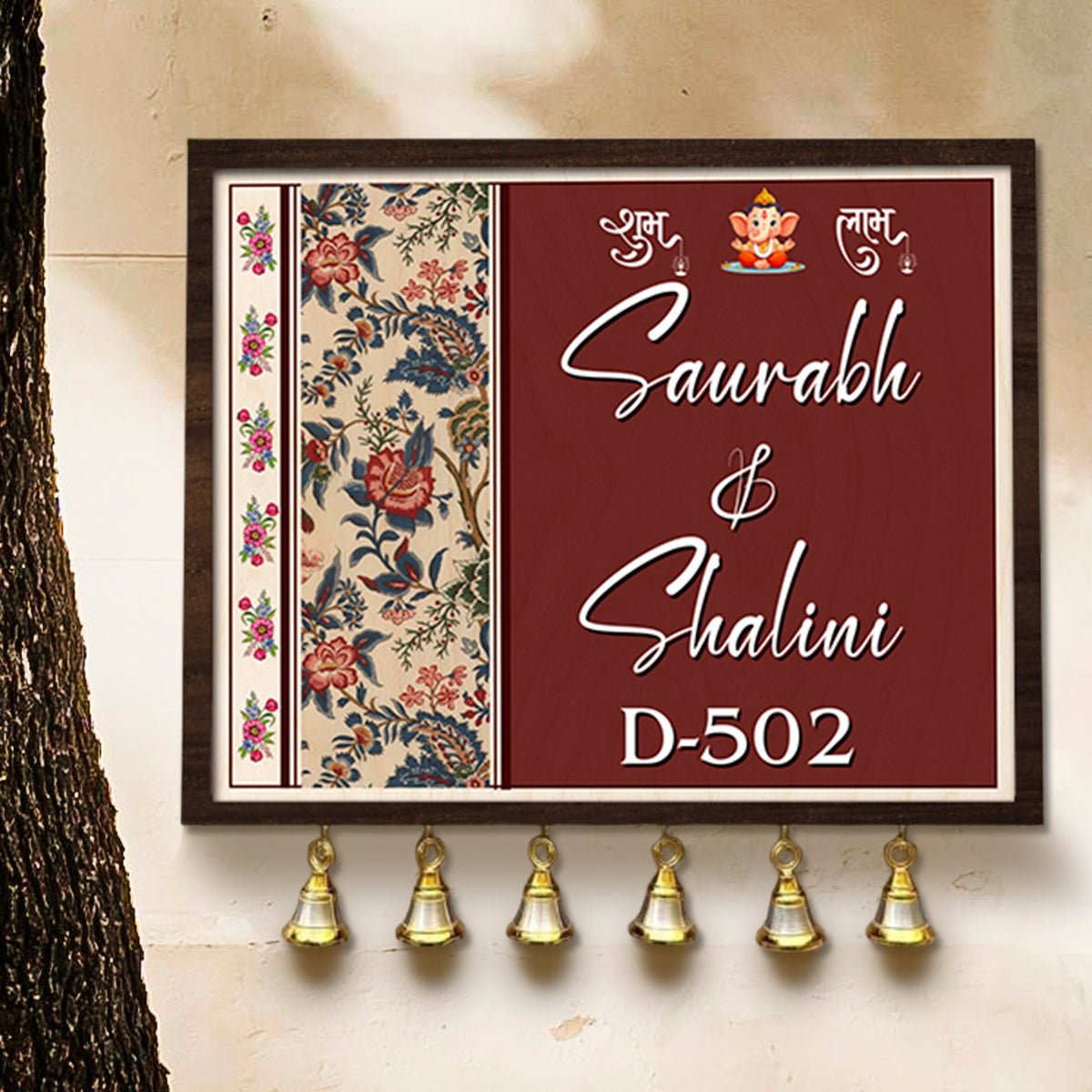 Ganesha Shubh Labh Name Plate – Maroon Frame Wood for Front Door - Sblossom