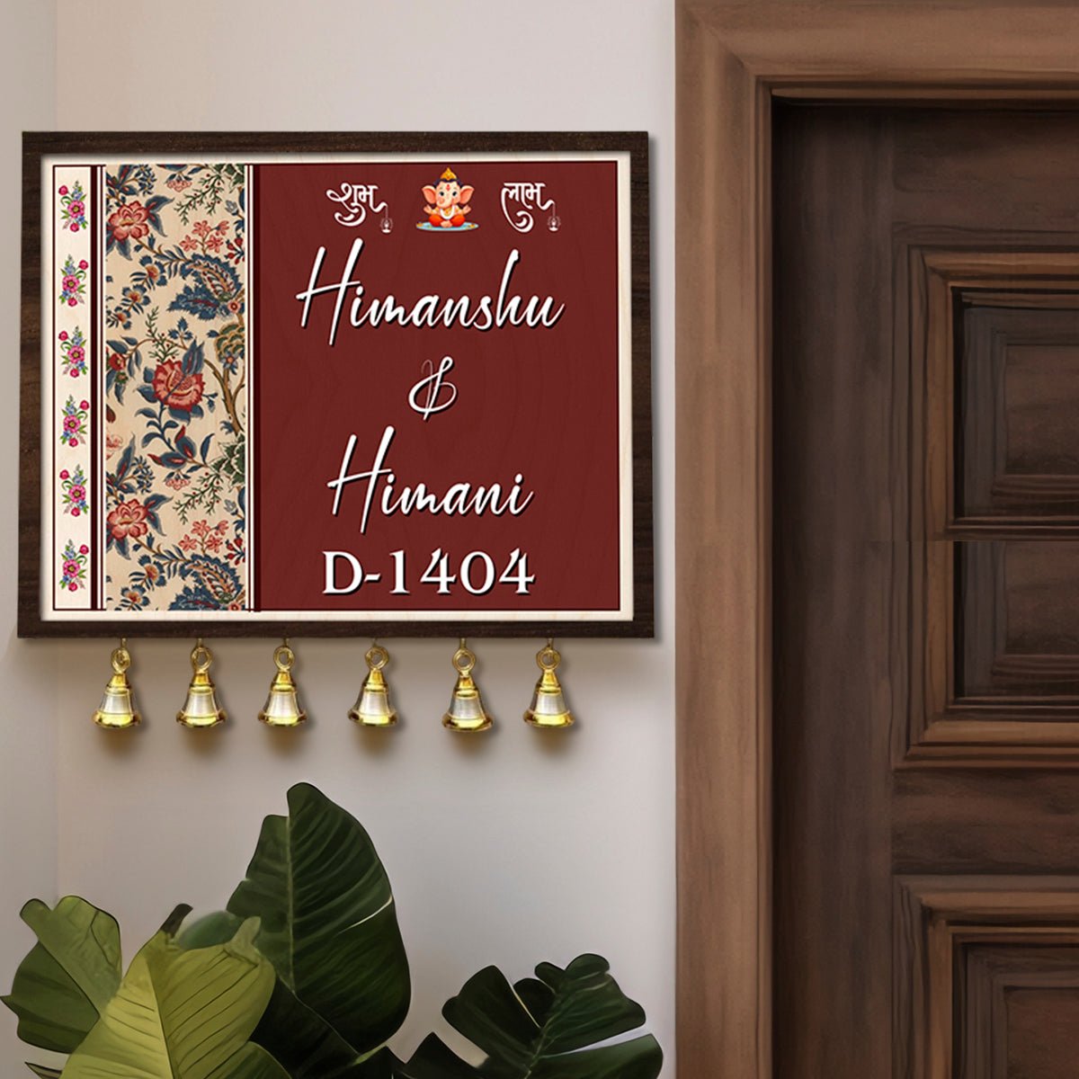 Ganesha Shubh Labh Name Plate – Maroon Frame Wood for Front Door - Sblossom