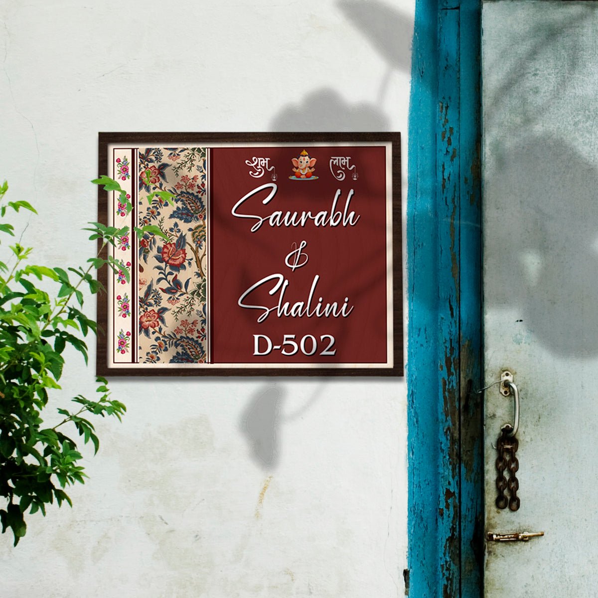 Ganesha Shubh Labh Name Plate – Maroon Frame Wood for Front Door - Sblossom