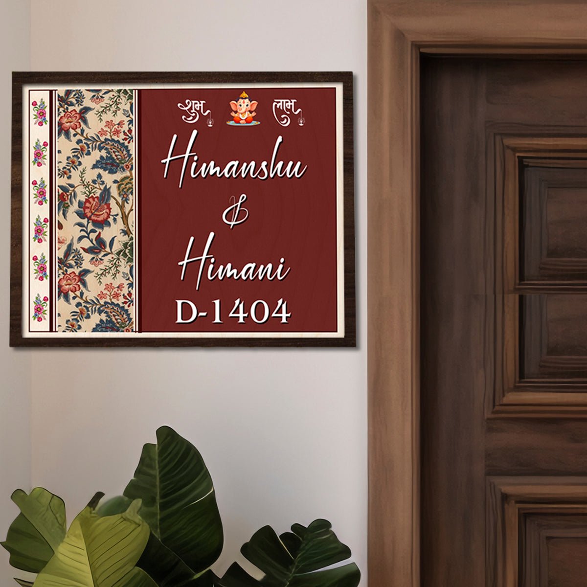 Ganesha Shubh Labh Name Plate – Maroon Frame Wood for Front Door - Sblossom