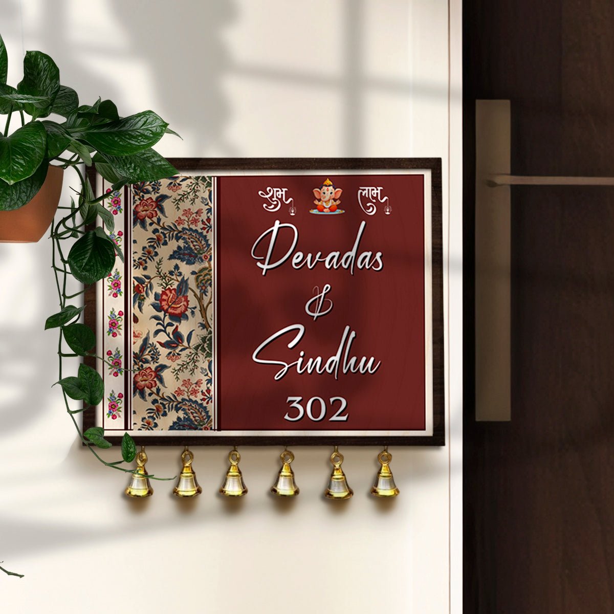 Ganesha Shubh Labh Name Plate – Maroon Frame Wood for Front Door - Sblossom
