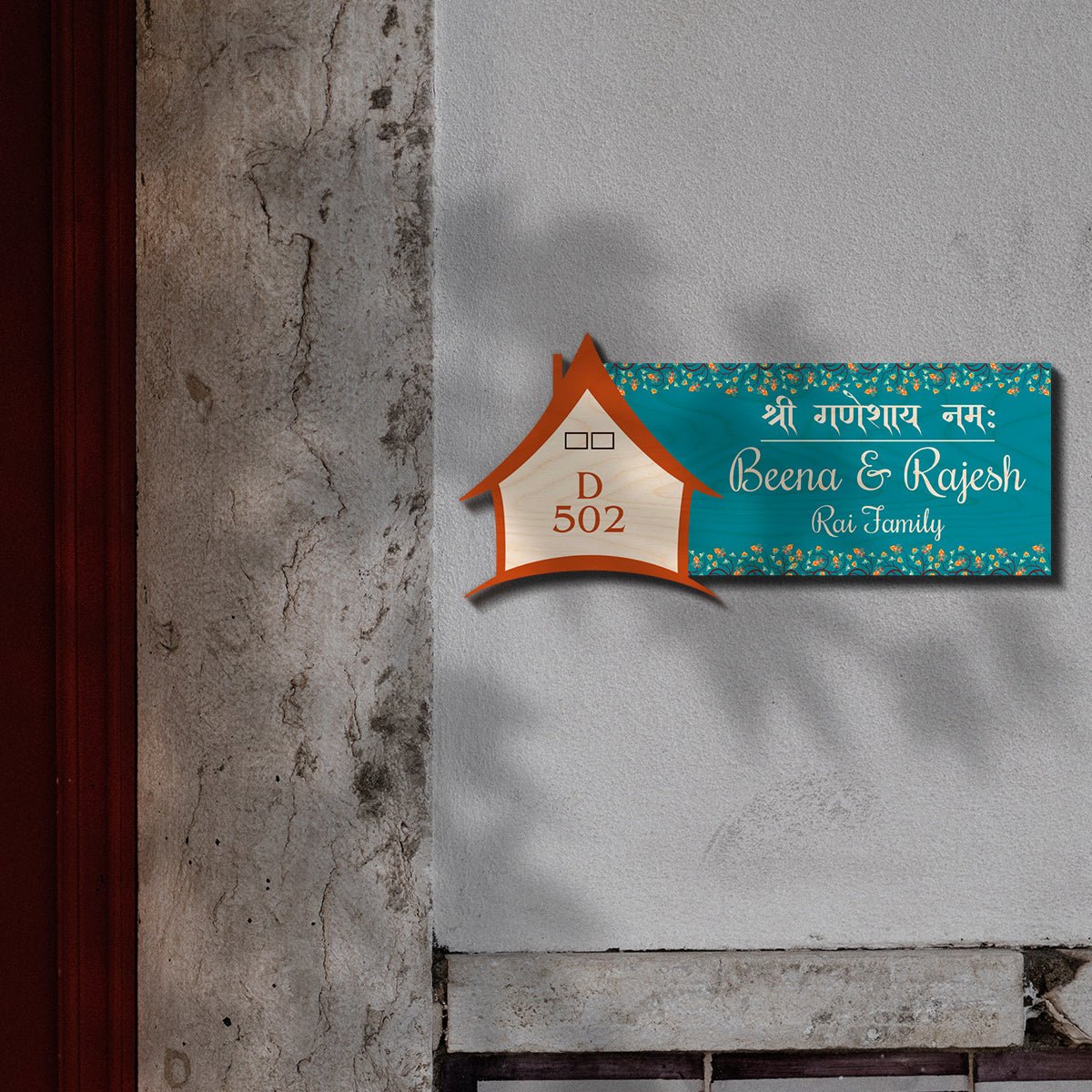 Ganpati Name Plate Design – Teal with Hut & Blessing - Sblossom