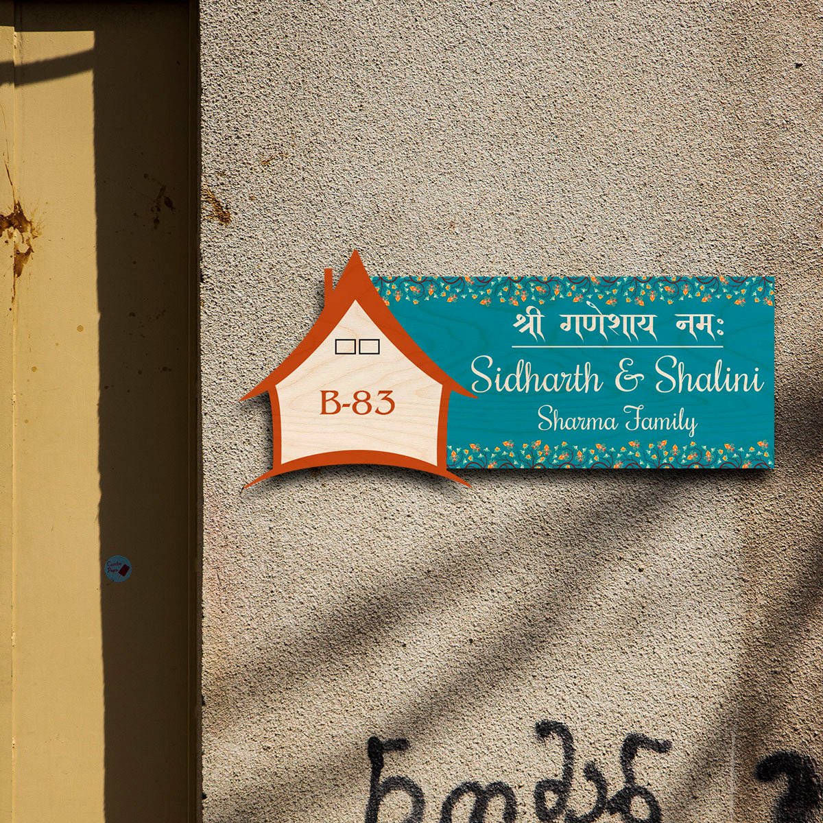 Ganpati Name Plate Design – Teal with Hut & Blessing - Sblossom