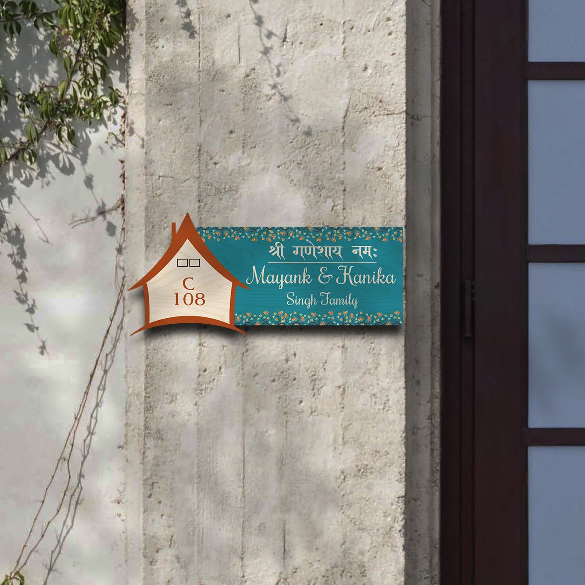 Ganpati Name Plate Design – Teal with Hut & Blessing - Sblossom