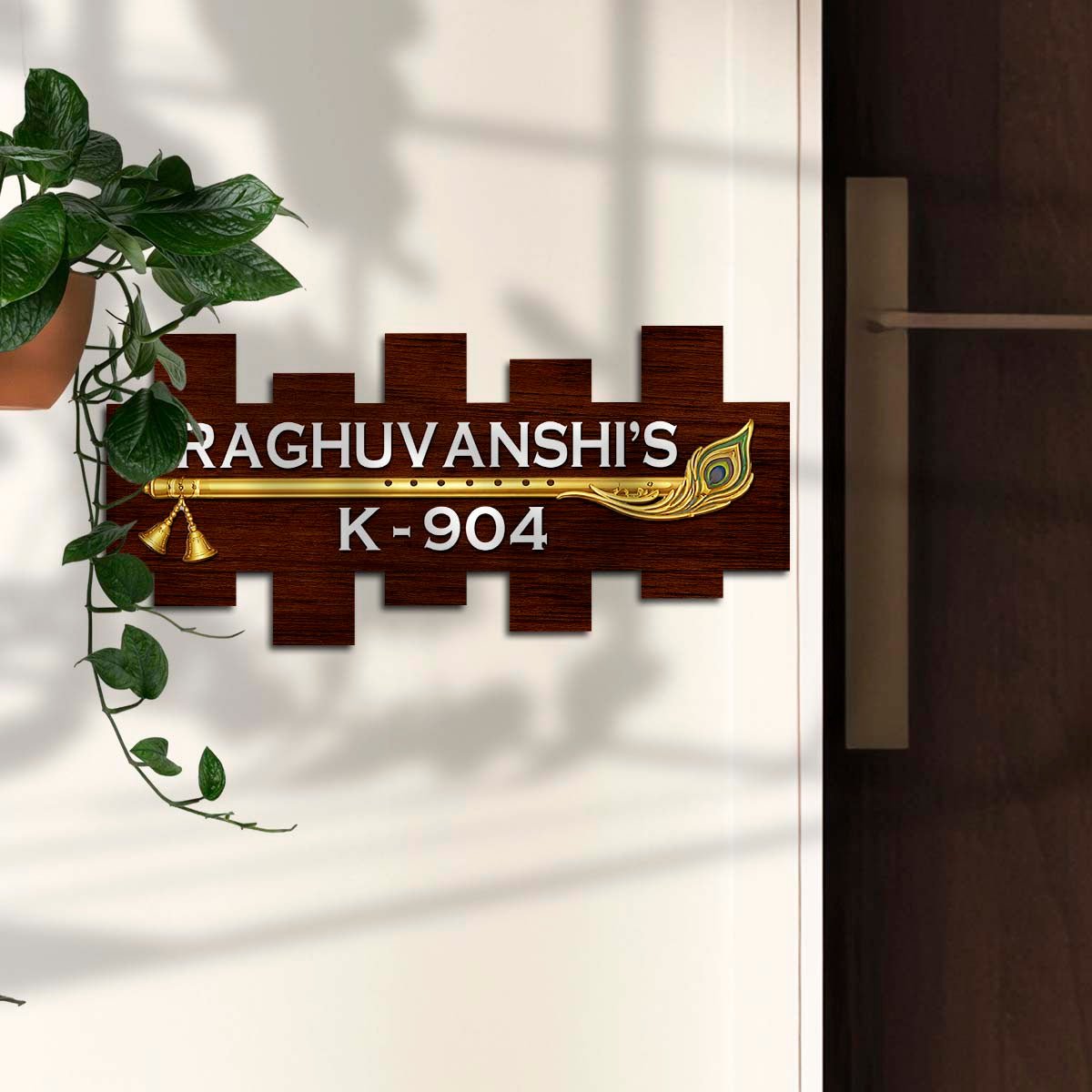 Gate Name Plate – Krishna Flute Walnut Plank in 3D - Sblossom