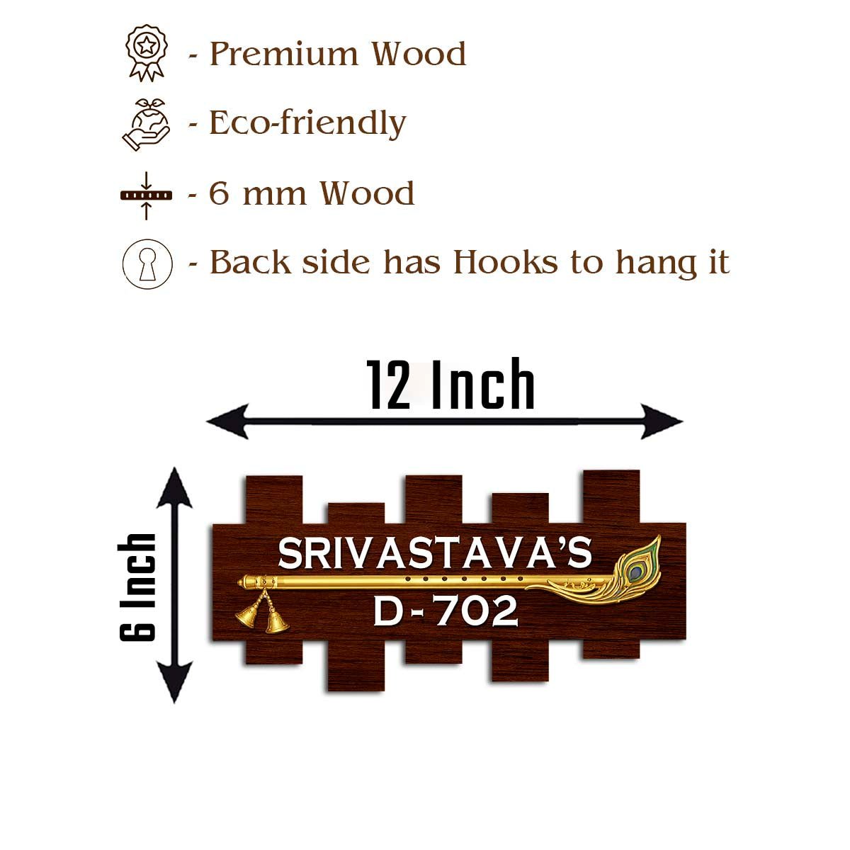 Gate Name Plate – Krishna Flute Walnut Plank in 3D - Sblossom