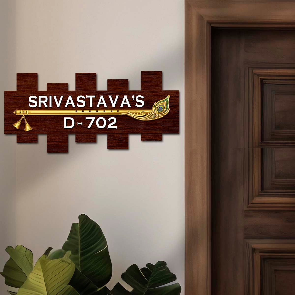 Gate Name Plate – Krishna Flute Walnut Plank in 3D - Sblossom